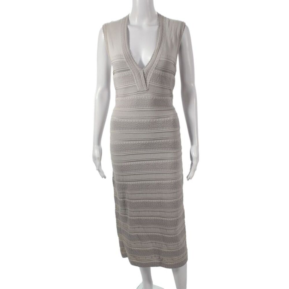 Alaia Women Bodycon Gray V Neck Midi Sleeveless Striped Viscose Dress Size 38
